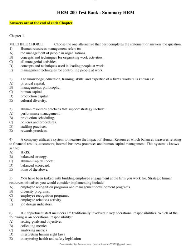 HRM 200 Test Bank - Summary HRM