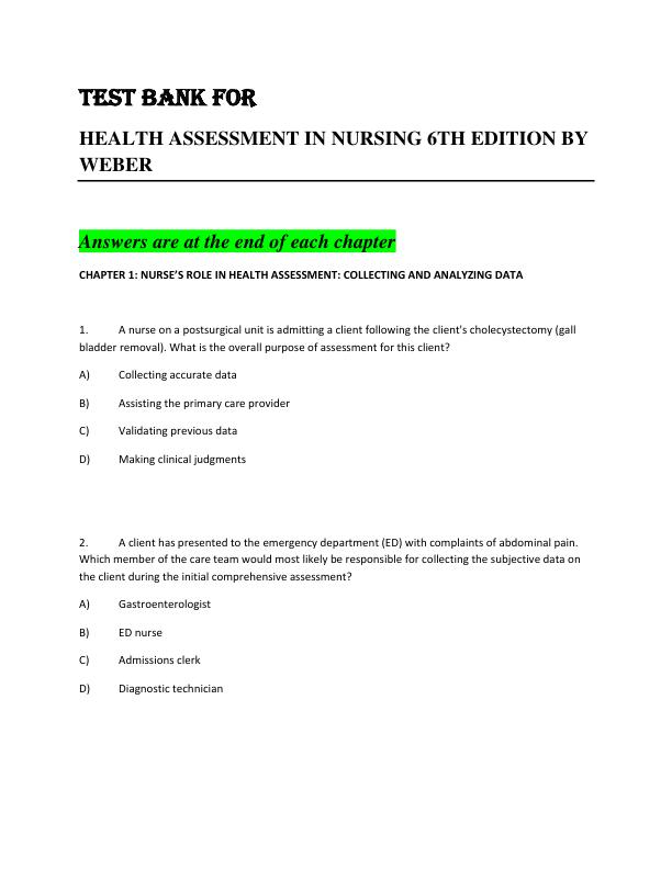 TEST BANK FOR HEALTH ASSESSMENT IN NURSING 6TH EDITION BY WEBER