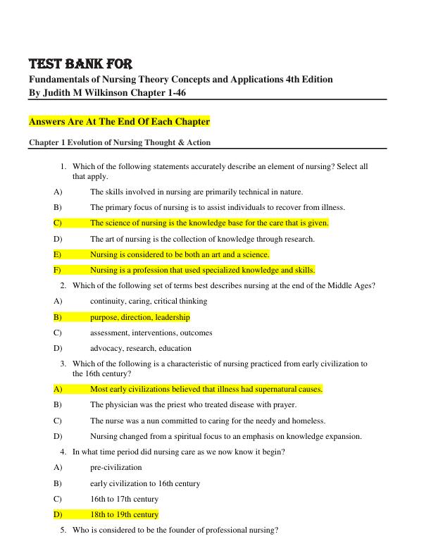 TEST BANK FOR Fundamentals of Nursing Theory Concepts and Applications 4th Edition By Judith M Wilkinson Chapter 1-46