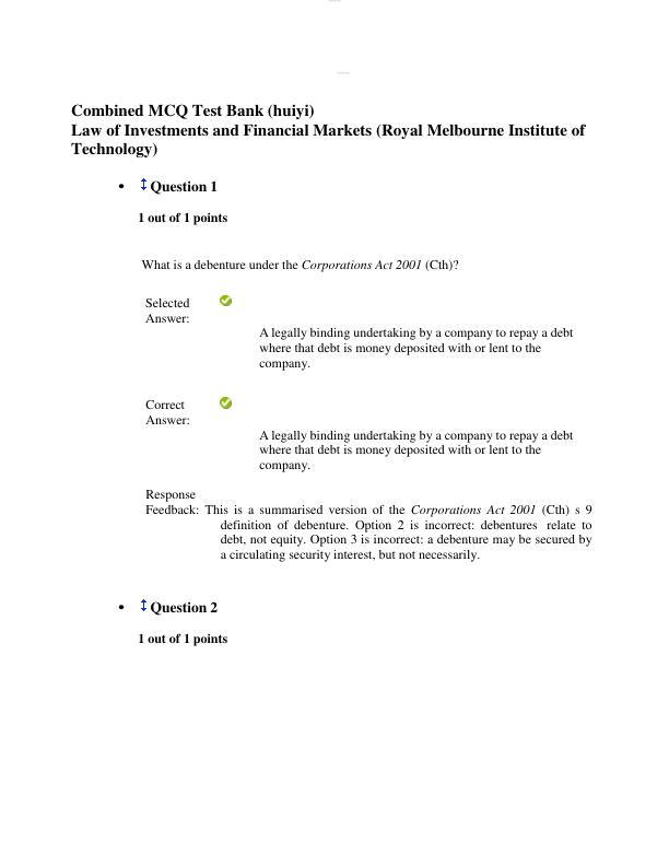 Combined Mcq Test-bank-huiyi Combined MCQ Test Bank (huiyi) Law of Investments and Financial Markets (Royal Melbourne Institute of Technology)