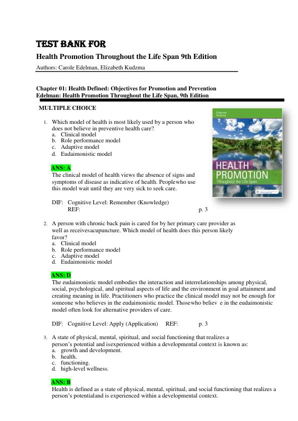 TEST BANK FOR Health Promotion Throughout the Life Span 9th Edition By Carole Edelman, Elizabeth Kudzma