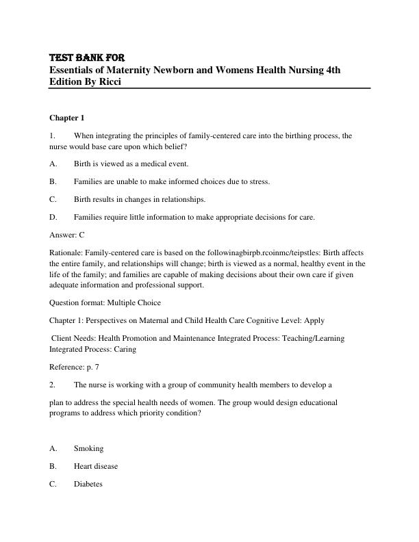 Test Bank For Essentials of Maternity Newborn and Womens Health Nursing 4th Edition By Ricci