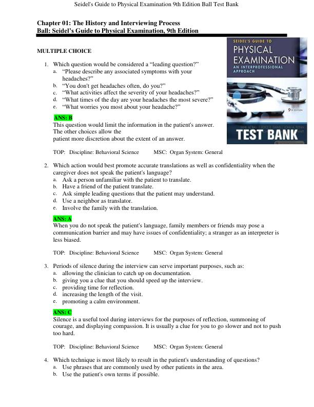 Seidel’s Guide to Physical Examination 9th Edition Jane Ball Test Bank