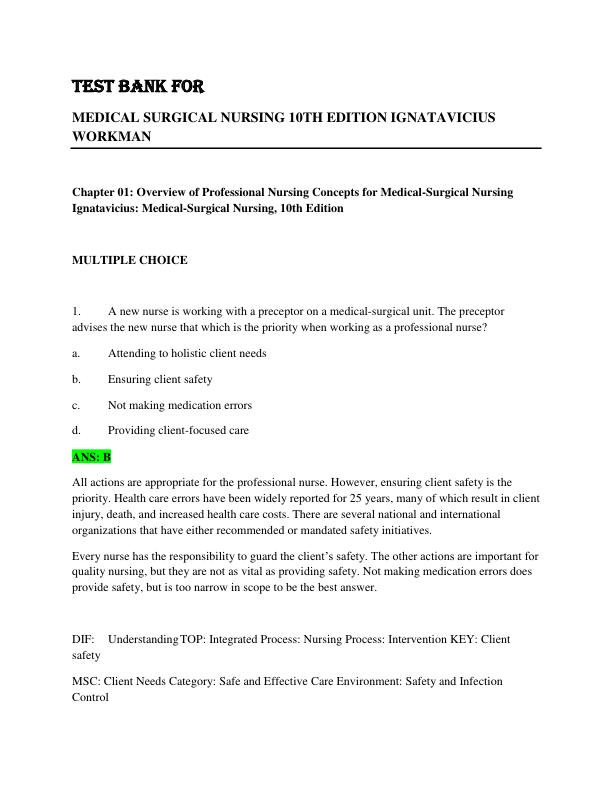 TEST BANK FOR MEDICAL SURGICAL NURSING 10TH EDITION IGNATAVICIUS WORKMAN