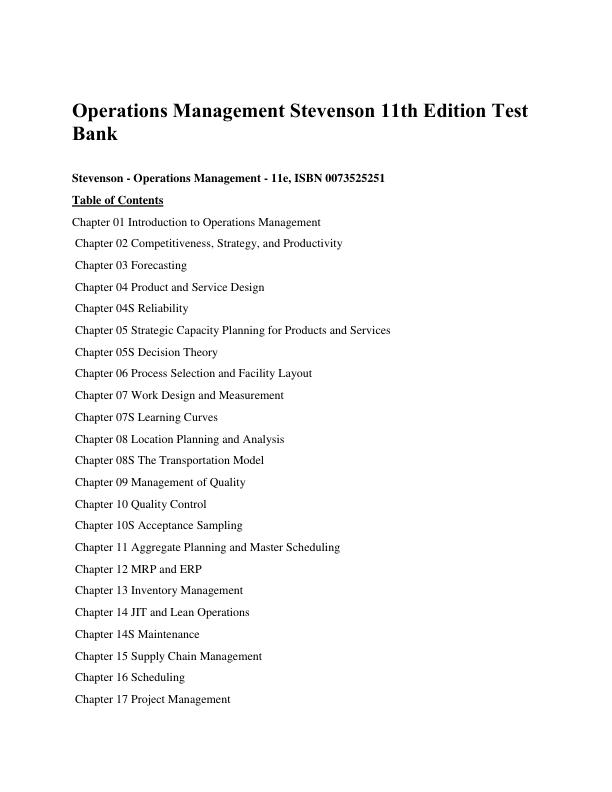 Test Bank Operations Management Stevenson 11th Edition Chapter 1-19...