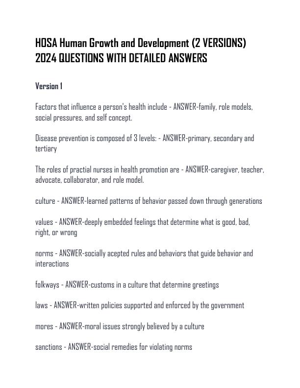 HOSA Human Growth and Development (2 VERSIONS) 2024 QUESTIONS WITH DETAILED ANSWERS
