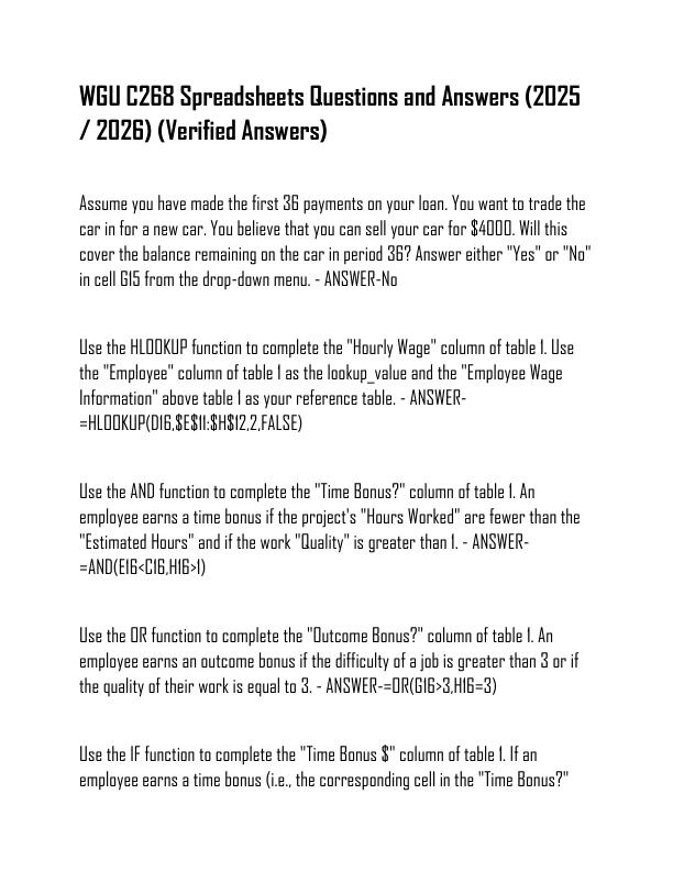 WGU C268 Spreadsheets Questions and Answers (2025  2026) (Verified Answers)