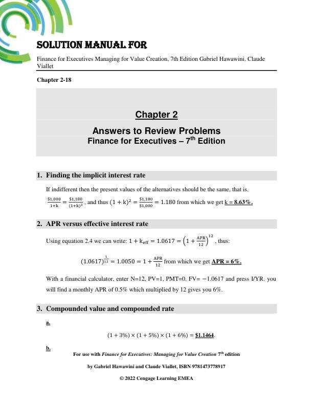 Solution Manual For Finance for Executives Managing for Value Creation, 7th Edition by Gabriel Hawawini, Claude Viallet Chapter 2-18