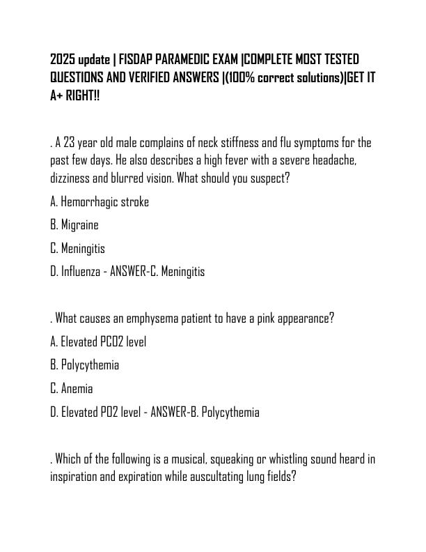 2025 update  FISDAP PARAMEDIC EXAM COMPLETE MOST TESTED QUESTIONS AND VERIFIED ANSWERS 100% correct solutions) GET IT A+ RIGHT