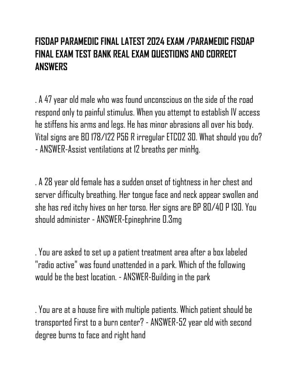FISDAP PARAMEDIC FINAL LATEST 2024 EXAM  PARAMEDIC FISDAP FINAL EXAM TEST BANK REAL EXAM QUESTIONS AND CORRECT ANSWERS