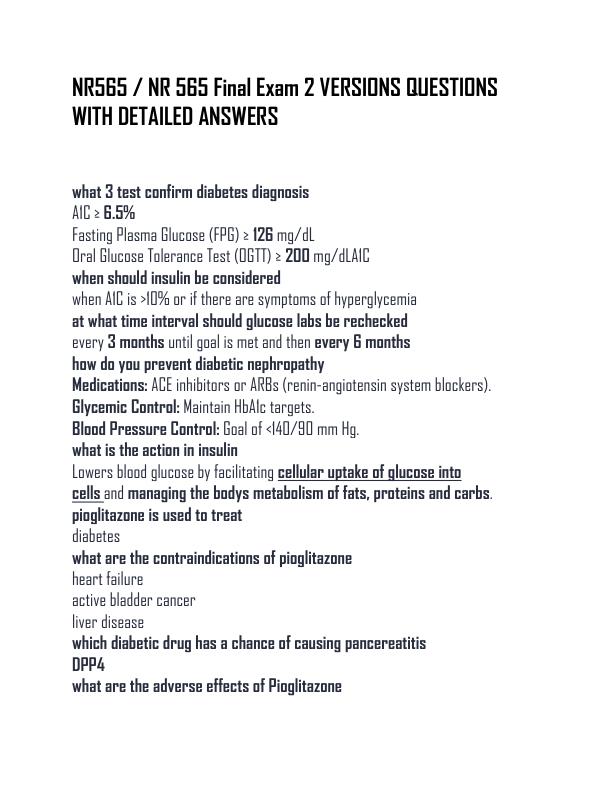 NR565  NR 565 Final Exam 2 VERSIONS QUESTIONS WITH DETAILED ANSWERS