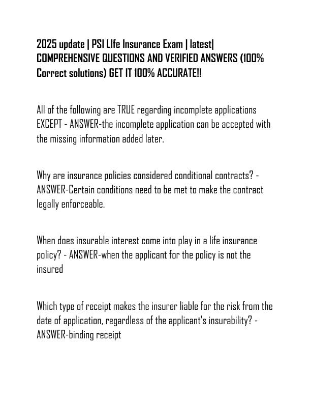 2025 update  PSI LIfe Insurance Exam  latest COMPREHENSIVE QUESTIONS AND VERIFIED ANSWERS (100% Correct solutions) GET IT 100% ACCURATE!!