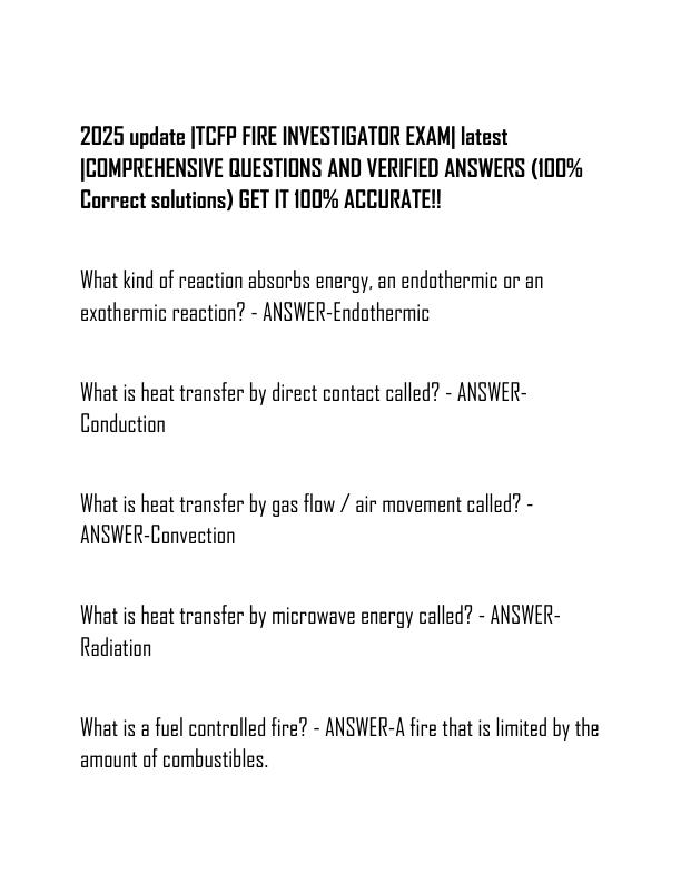 2025 update TCFP FIRE INVESTIGATOR EXAM latest COMPREHENSIVE QUESTIONS AND VERIFIED ANSWERS (100% Correct solutions) GET IT 100% ACCURATE!!