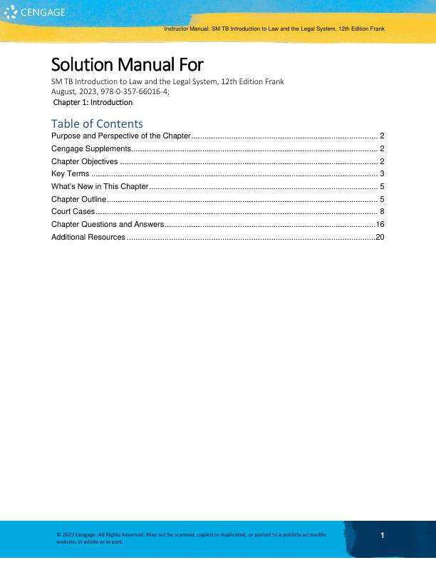 Solution Manual For Introduction to Law and the Legal System, 12th Edition by Frank August Schubert Chapter 1-14