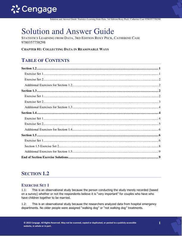 Solution Manual For Statistics Learning from Data, 3rd Edition by Roxy Peck, Catherine Case Chapter 1-16