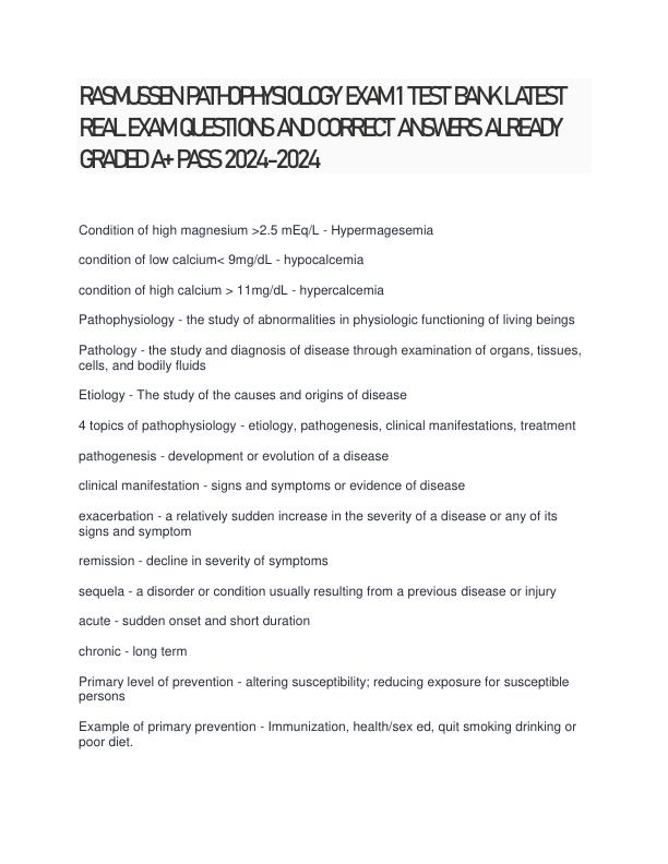 RASMUSSEN PATHOPHYSIOLOGY EXAM 1 TEST BANK LATEST REAL EXAM QUESTIONS AND CORRECT ANSWERS ALREADY GRADED A+ PASS 2024-2024