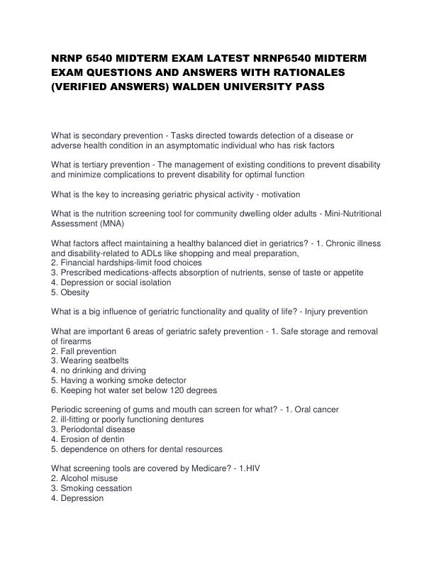NRNP 6540 MIDTERM EXAM LATEST NRNP6540 MIDTERM EXAM QUESTIONS AND ANSWERS WITH RATIONALES (VERIFIED ANSWERS) WALDEN UNIVERSITY PASS