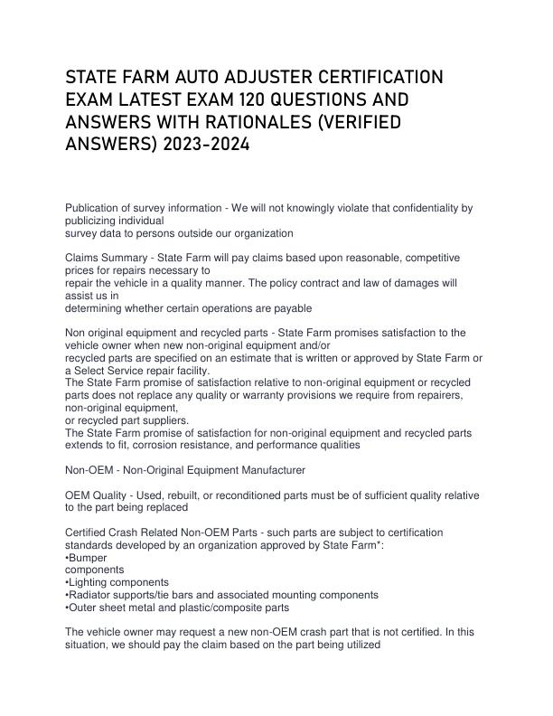 STATE FARM AUTO ADJUSTER CERTIFICATION EXAM LATEST EXAM 120 QUESTIONS AND ANSWERS WITH RATIONALES (VERIFIED ANSWERS) 2023-2024