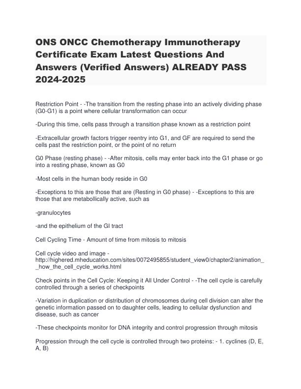 ONS ONCC Chemotherapy Immunotherapy Certificate Exam Latest Questions And Answers (Verified Answers) ALREADY PASS 2024-2025