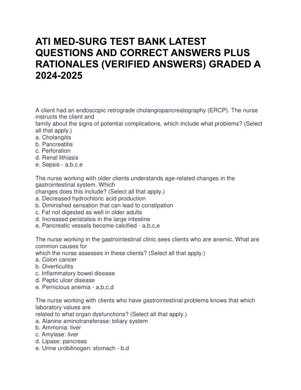 ATI MED-SURG TEST BANK LATEST QUESTIONS AND CORRECT ANSWERS PLUS RATIONALES (VERIFIED ANSWERS) GRADED A 2024-2025