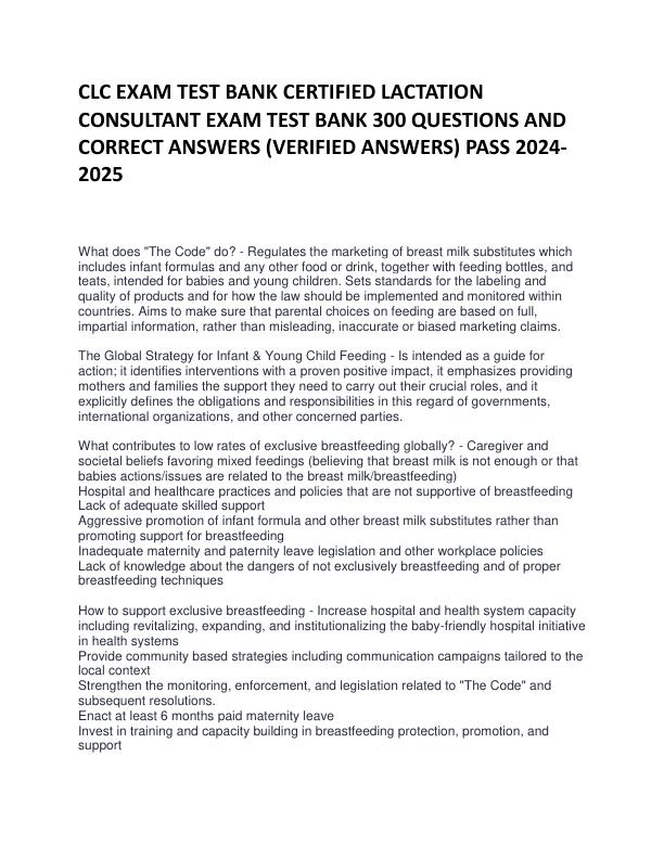 CLC EXAM TEST BANK CERTIFIED LACTATION CONSULTANT EXAM TEST BANK 300 QUESTIONS AND CORRECT ANSWERS (VERIFIED ANSWERS) PASS 2024-2025