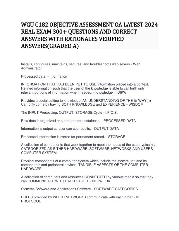 WGU C182 OBJECTIVE ASSESSMENT OA LATEST 2024 REAL EXAM 300+ QUESTIONS AND CORRECT ANSWERS WITH RATIONALES VERIFIED ANSWERS(GRADED A)