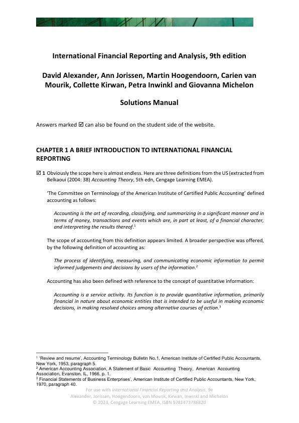 Solution Manual For International Financial Reporting and Analysis 9e David AlexanderAnn JorissenMartin HoogendoornCarien van MourikCollette KirwanPetra InwinklGiovanna Michelon Chapter 1-31