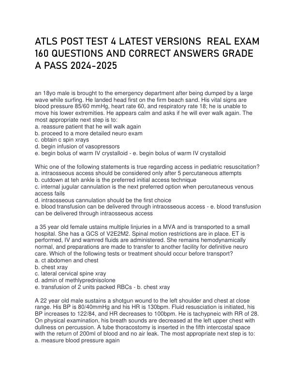 ATLS POST TEST 4 LATEST VERSIONS  REAL EXAM 160 QUESTIONS AND CORRECT ANSWERS GRADE A PASS 2024-2025
