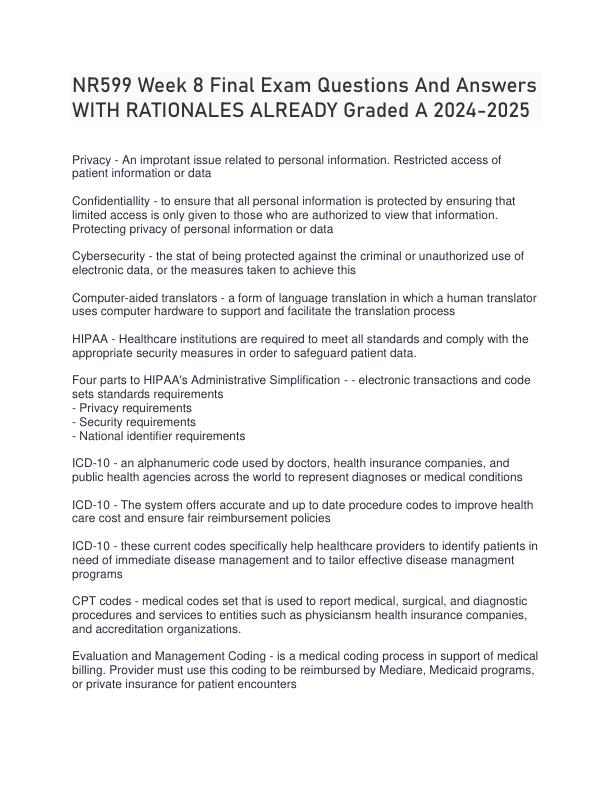NR599 Week 8 Final Exam Questions And Answers WITH RATIONALES ALREADY Graded A 2024-2025