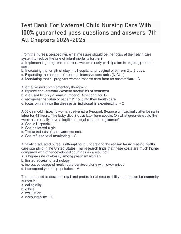 Test Bank For Maternal Child Nursing Care With 100% guaranteed pass questions and answers, 7th All Chapters 2024-2025