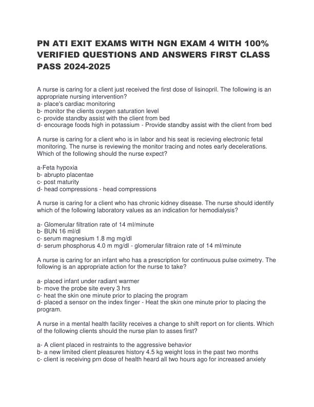 PN ATI EXIT EXAMS WITH NGN EXAM 4 WITH 100% VERIFIED QUESTIONS AND ANSWERS FIRST CLASS PASS 2024-2025 