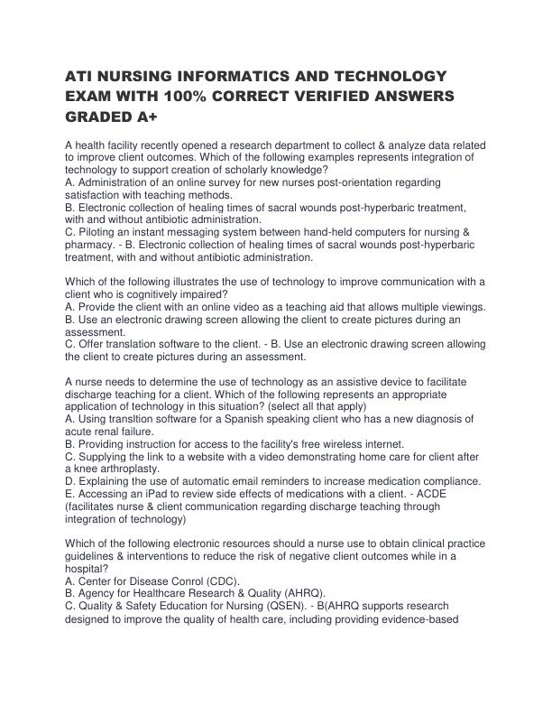 ATI NURSING INFORMATICS AND TECHNOLOGY EXAM WITH 100% CORRECT VERIFIED ANSWERS GRADED A+