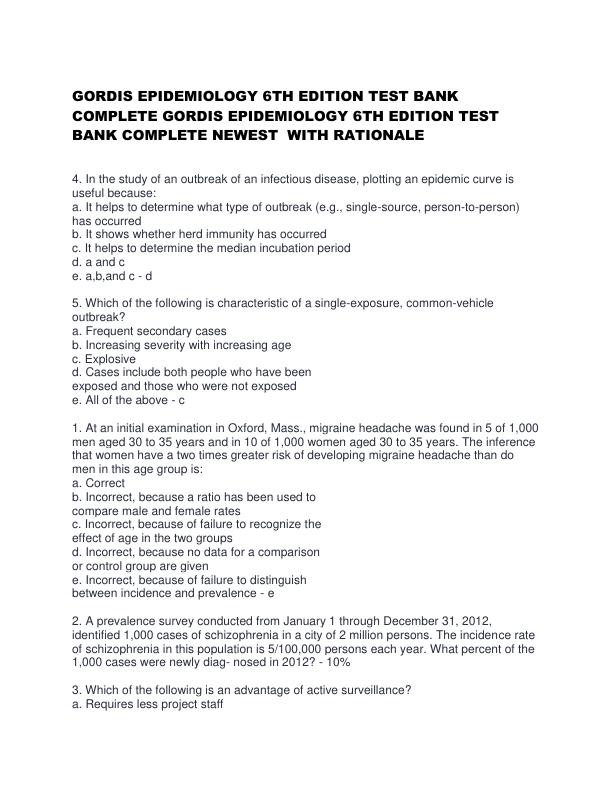 GORDIS EPIDEMIOLOGY 6TH EDITION TEST BANK COMPLETE GORDIS EPIDEMIOLOGY 6TH EDITION TEST BANK COMPLETE NEWEST  WITH RATIONALE