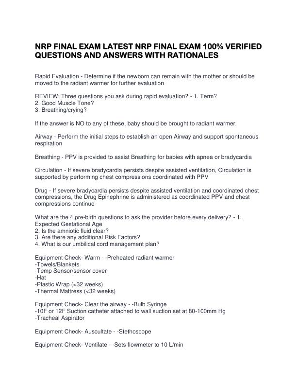 NRP FINAL EXAM LATEST NRP FINAL EXAM 100% VERIFIED QUESTIONS AND ANSWERS WITH RATIONALES 