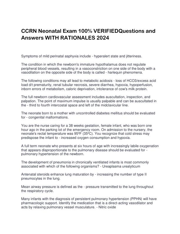 CCRN Neonatal Exam 100% VERIFIEDQuestions and Answers WITH RATIONALES 2024