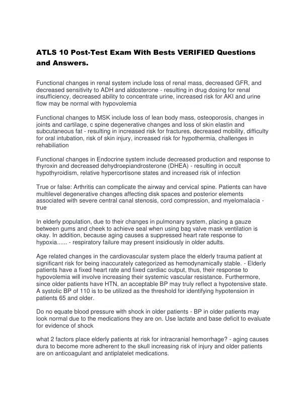 ATLS 10 Post-Test Exam With Bests VERIFIED Questions and A