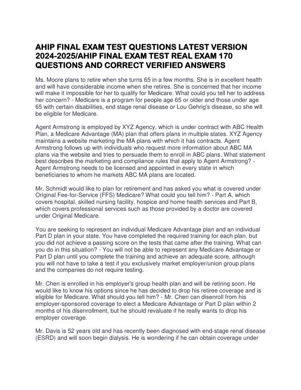 AHIP FINAL EXAM TEST QUESTIONS LATEST VERSION 2024-2025 AHIP FINAL EXAM TEST REAL EXAM 170 QUESTIONS AND CORRECT VERIFIED ANSWERS