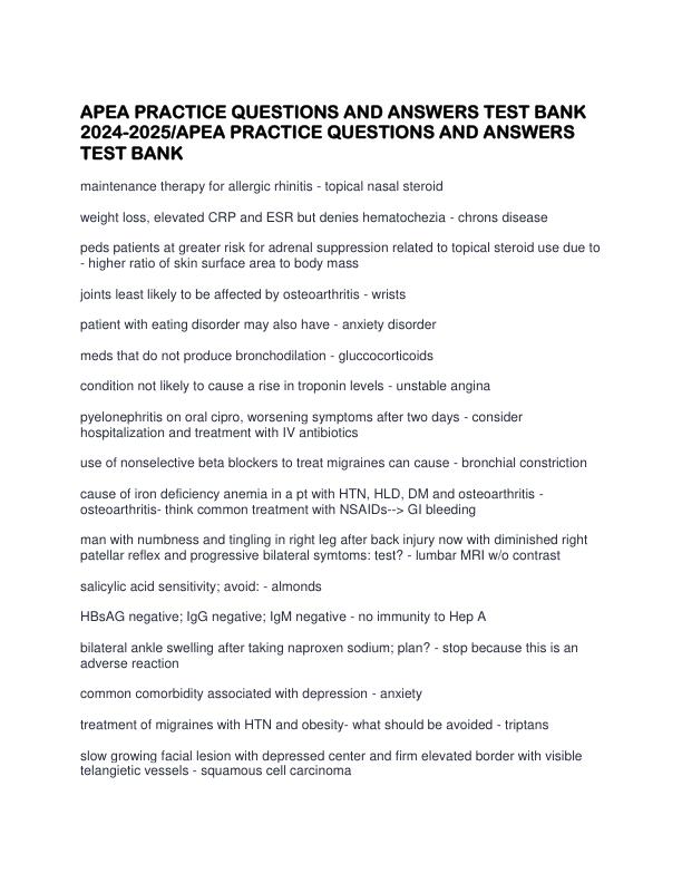 APEA PRACTICE QUESTIONS AND ANSWERS TEST BANK 2024