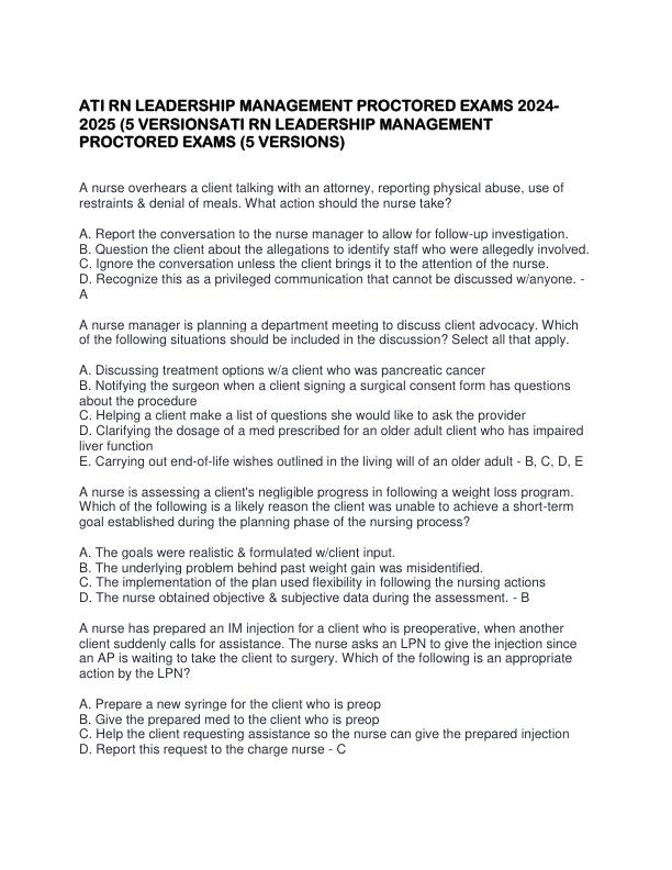ATI RN LEADERSHIP MANAGEMENT PROCTORED EXAMS 2024-2025 (5 VERSIONSATI RN LEADERSHIP MANAGEMENT PROCTORED EXAMS (5 VERSIONS)