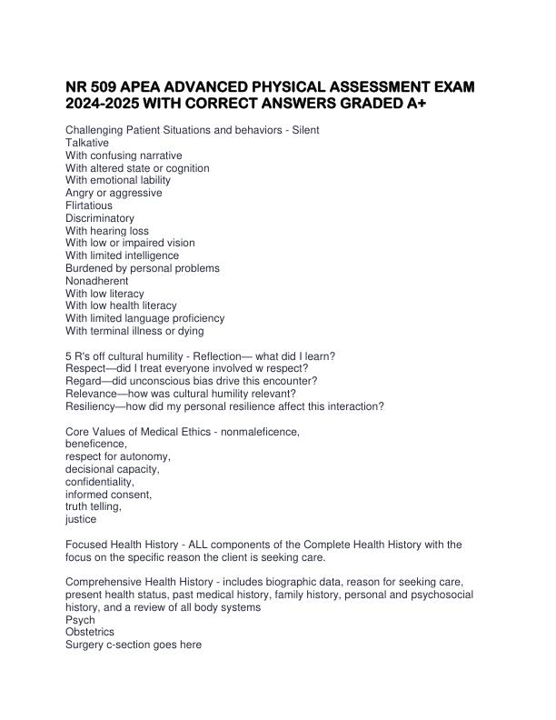 NR 509 APEA ADVANCED PHYSICAL ASSESSMENT EXAM 2024-2025 WITH CORRECT ANSWERS GRADED A+