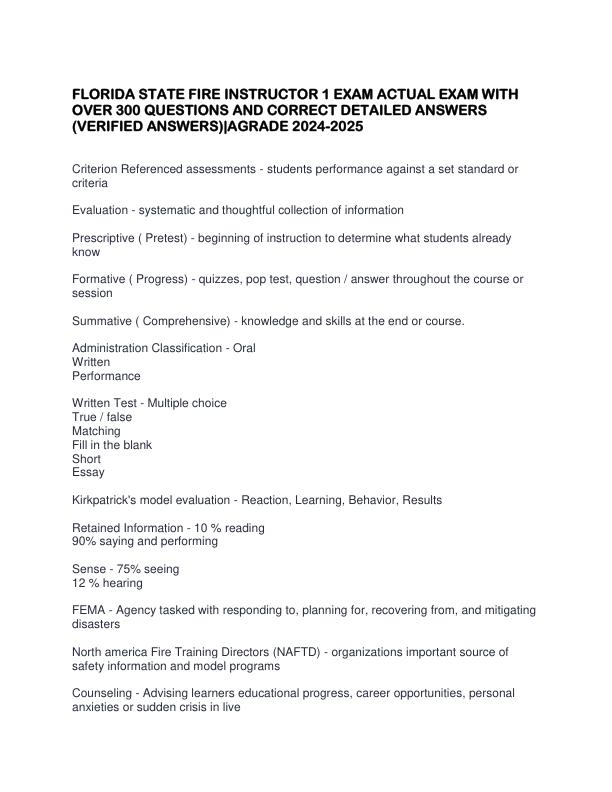 FLORIDA STATE FIRE INSTRUCTOR 1 EXAM ACTUAL EXAM WITH OVER 300 QUESTIONS AND CORRECT DETAILED