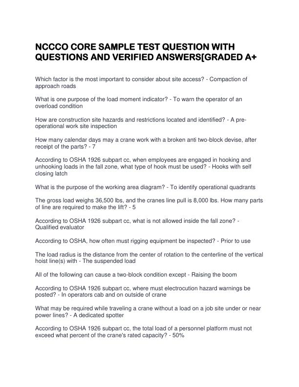 NCCCO CORE SAMPLE TEST QUESTION WITH QUESTIONS AND VERIFIED ANSWERS