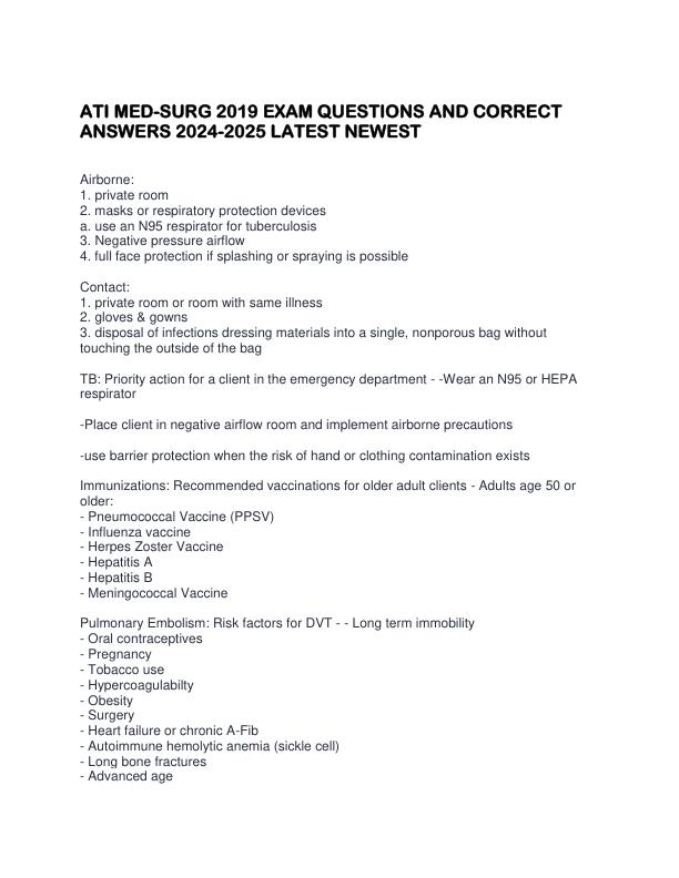 ATI MED-SURG 2019 EXAM QUESTIONS AND CORRECT ANSWERS 2024-2025 LATEST NEWEST