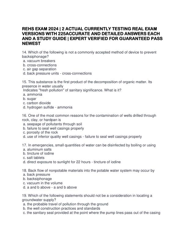 REHS EXAM 2024  2 ACTUAL CURRENTLY TESTING REAL EXAM VERSIONS WITH 225ACCURATE AND DETAILED ANSWERS EACH AND A STUDY GUIDE  EXPERT VERIFIED FOR GUARANTEED PASS NEWEST