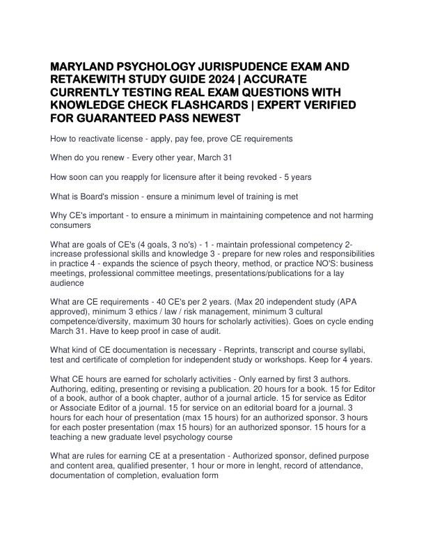 MARYLAND PSYCHOLOGY JURISPUDENCE EXAM AND RETAKEWITH STUDY GUIDE 2024