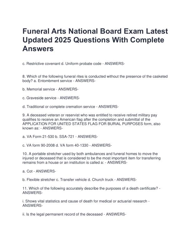 Funeral Arts National Board Exam Latest Updated 2025 Questions With Complete Answers
