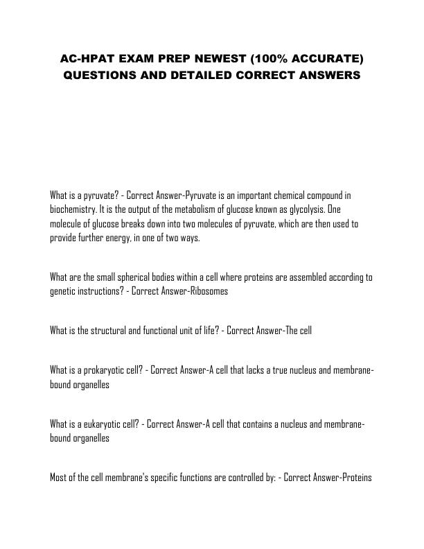 AC-HPAT EXAM PREP NEWEST (100% ACCURATE) QUESTIONS AND DETAILED CORRECT ANSWERS