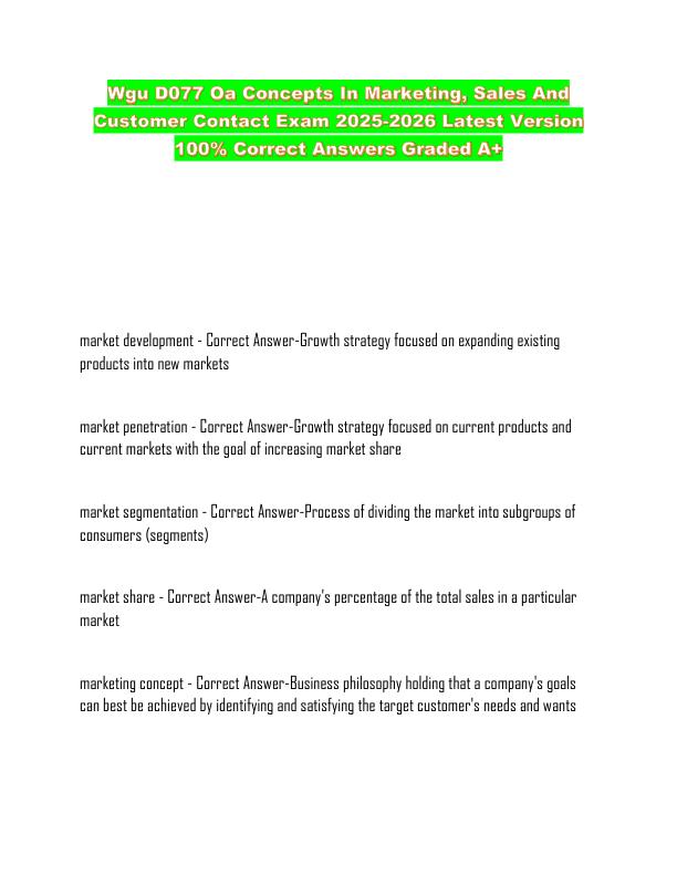 Wgu D077 Oa Concepts In Marketing, Sales And Customer Contact Exam 2025-2026 Latest Version 100% Correct Answers Graded A+