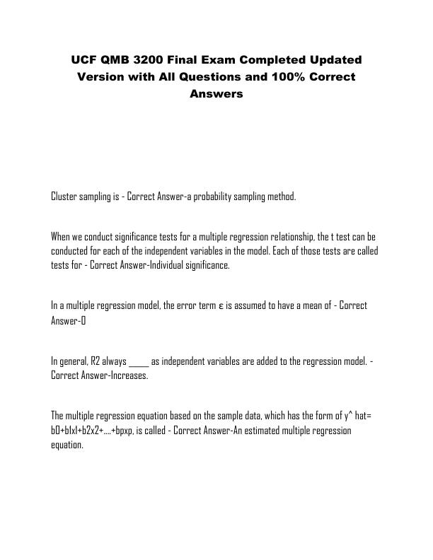 UCF QMB 3200 Final Exam Completed Updated Version with All Questions and 100% Correct Answers