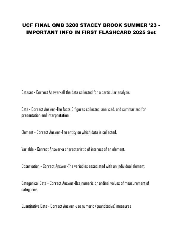UCF FINAL QMB 3200 STACEY BROOK SUMMER '23 - IMPORTANT INFO IN FIRST FLASHCARD 2025 Set